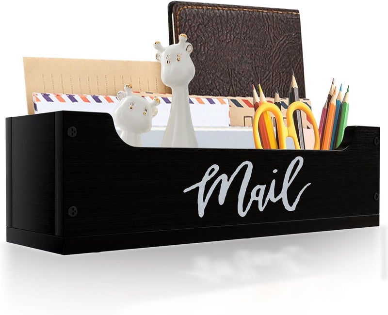 KISENG Mail Organizer Countertop, Mail Basket for Wall Mount or Table Countertop, Wood Desk Letter Holder, Black Bill Envelope Organizer for Home Office Decor - Image 1